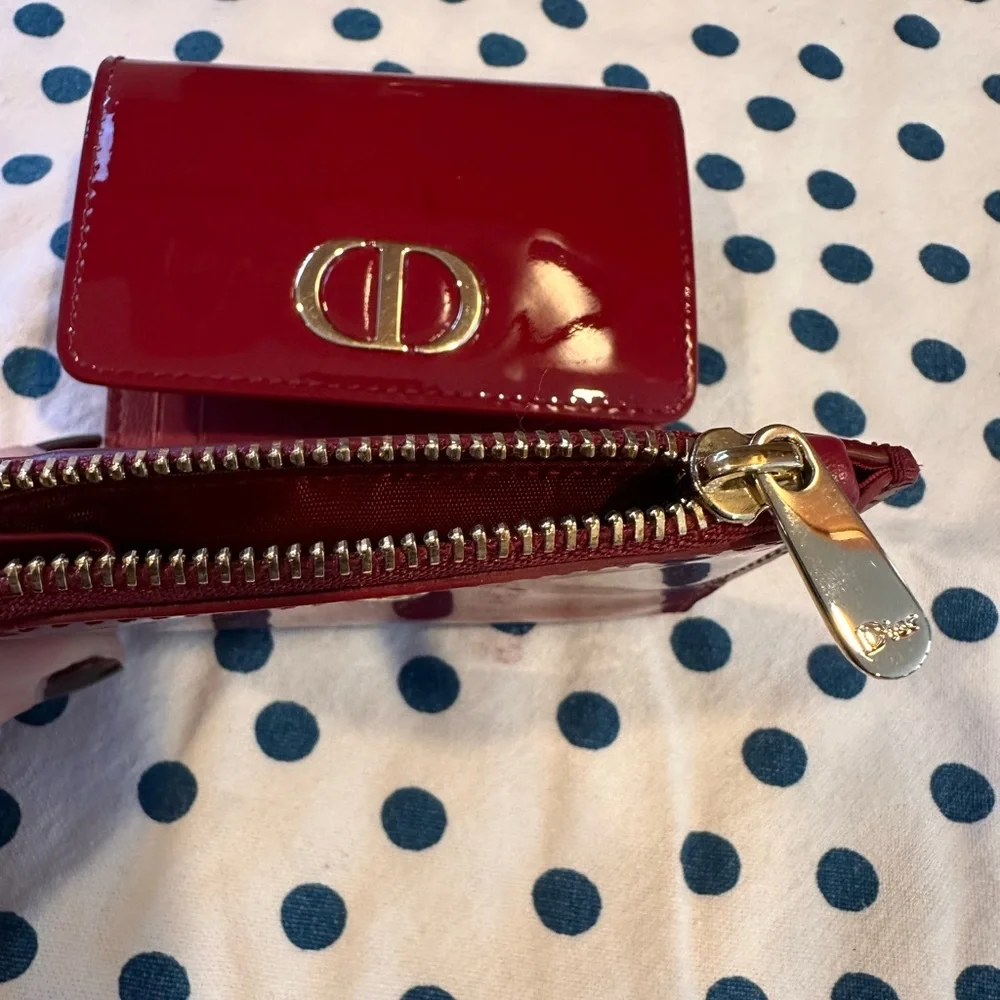 CHRISTIAN DIOR cherry patent leather wallet / card holder. Gold accents.